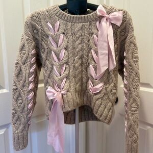 LoveShackFancy Brown Sweater with Pink Ribbon Details